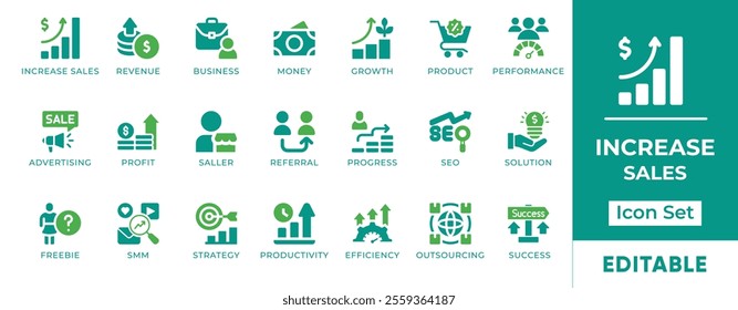 Increase Sales Icon Set. Features editable icons for sales symbols, marketing, business, growth, revenue, profit, strategy, productivity, and more. Perfect for businesses, marketers, and sales teams.