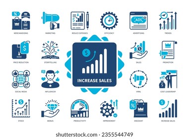 Increase Sales icon set. Productivity, Price Reduction, Efficiency, Trends, Cost Leadership, Improvement, Social Media, Advertising. Duotone color solid icons