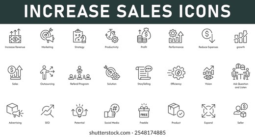 Increase sales Icons vector illustration with thin line editable stroke contains revenue marketing strategy productivity profit performance growth solution efficiency vision advertising seo