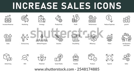 Increase sales Icons vector illustration with thin line editable stroke contains revenue marketing strategy productivity profit performance growth solution efficiency vision advertising seo