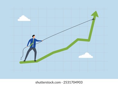 Aumentar as vendas ou o lucro do investimento, Empreendedor exercendo o máximo esforço para aumentar o gráfico de desempenho.