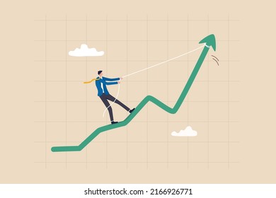 Increase Sales Or Investment Profit, Growth Or Improvement, Financial Interest Rate Or Crypto And Stock Market Return Concept, Businessman Pulling Performance Graph Rising Up With Full Effort.