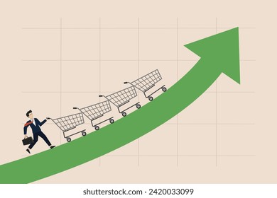 Aumentar las ventas o el beneficio, concepto de estrategia de marketing, crecimiento del poder adquisitivo, gerente de ventas de negocios empuja el rol del carro de compras hacia arriba flecha.