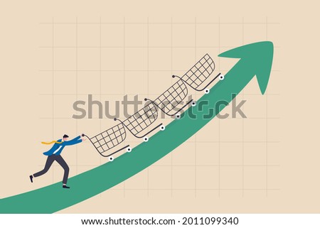 Increase sales or profit, purchasing power growth or consumer spending more money, marketing strategy concept, businessman sale manager push role of shopping cart trolley up rising arrow. Foto stock © 