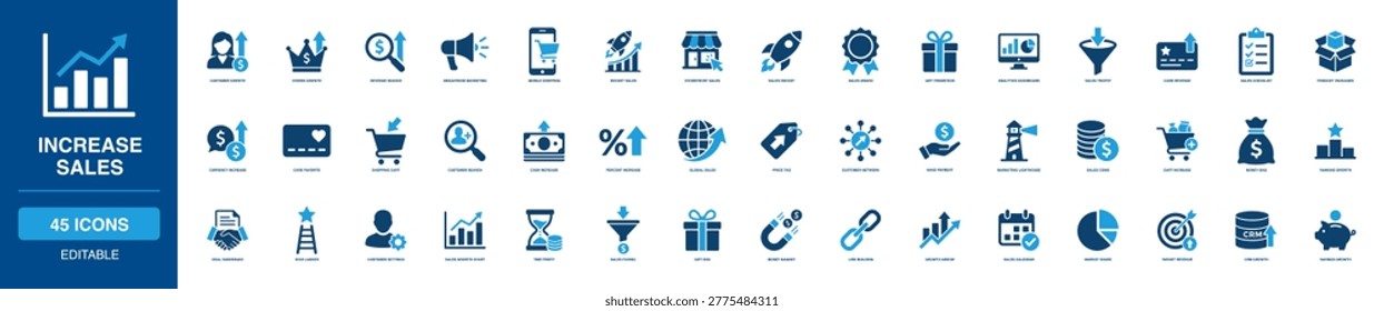 Increase Sales Solid Icon Set capturing customer growth crown revenue search megaphone marketing mobile shopping rocket storefront award gift promotion analytics dashboard chart bag card check cart percent