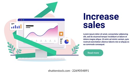 Increase sales - Web banner design of computer with rising chart and green arrow showing growth. Flat design vector illustration with copy space and white background