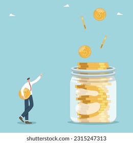 Increase in savings and profit from investments, growth of interest on a bank deposit, high level of income and wages, economic stability, man with a coin points to a jar into which coins are pouring.