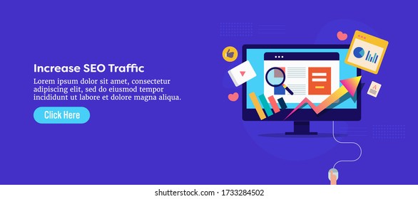 Increase SEO traffic, Search optimization, SEO marketing - conceptual vector illustration banner with icons and texts