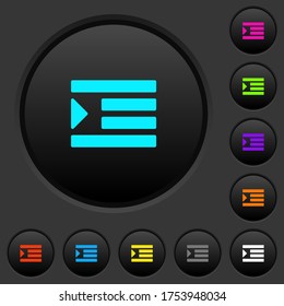 Increase text indentation dark push buttons with vivid color icons on dark grey background