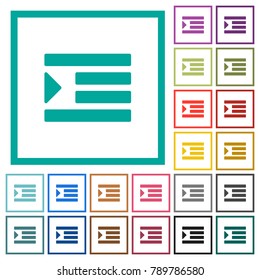 Increase text indentation flat color icons with quadrant frames on white background