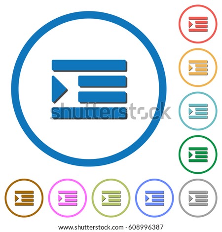 Increase text indentation flat color vector icons with shadows in round outlines on white background
