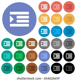Increase text indentation multi colored flat icons on round backgrounds. Included white, light and dark icon variations for hover and active status effects, and bonus shades on black backgounds.
