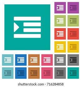 Increase text indentation multi colored flat icons on plain square backgrounds. Included white and darker icon variations for hover or active effects.