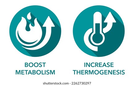 Increase Thermogenesis and Boost Metabolism icons with long shadows. For nutrient supplements