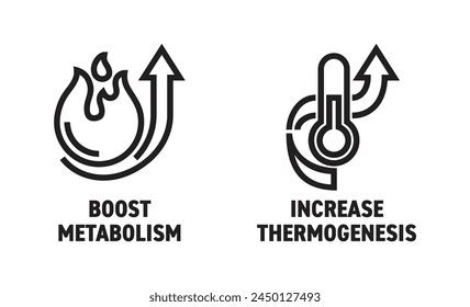 Increase Thermogenesis and Boost Metabolism icons set in bold line. For nutrient supplements