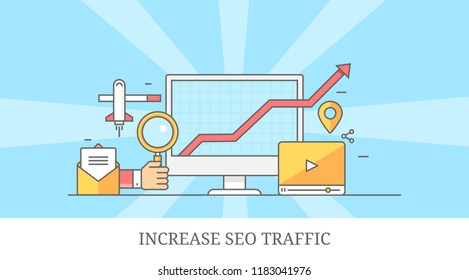 Increase website traffic, SEO, website, internet traffic flat line vector banner with icons