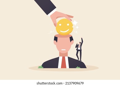 Increase work motivation Change your mind, think positive, be creative. Add a new attitude to work Drive business. A big hand places a smiling face in a human brain stock or big head.