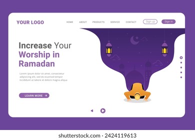 Increase worship in the month of Ramadan on landing page. onth of ramadan on landing page. Flat vector cartoon illustration ramadan kareem