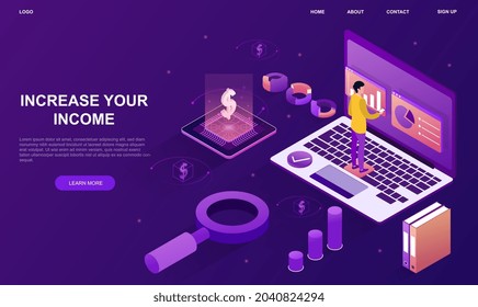 Increase your income. Man analyzes charts, working with finances. Budget accounting or statistics concept. Company marketing solutions. Cartoon 3d vector illustration isolated on violet background