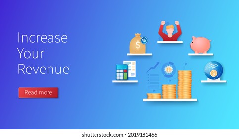 Aumente su banner de ingresos. Pila de monedas, calculadora de bolsas de dinero con cheque, íconos de banco. Concepto financiero. Ilustración de vector web en estilo 3D