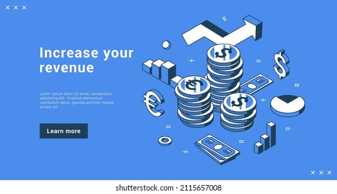 Increase your revenue business strategy development internet advertising landing page isometric vector illustration. Successful corporate profit growth finance diagram analyzing cash money currency