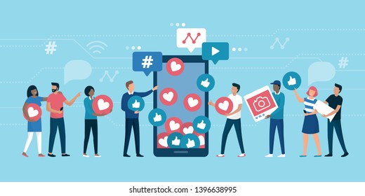 Aumente seus seguidores nas mídias sociais com estratégias de marketing bem-sucedidas: pessoas trazendo curtidas e reações a um perfil de mídia social em um smartphone