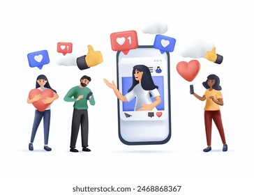 Increase your social media followers. SMM illustration in 3D style. Successful marketing strategies: people bringing likes and reactions to a social media profile on a smartphone. Vector illustration