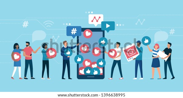 Increase your social media followers with\
successful marketing strategies: people bringing likes and\
reactions to a social media profile on a\
smartphone
