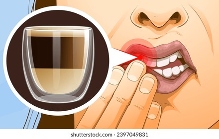 Aumento de la sensibilidad dental. Dolor de muelas. Dolor agudo al beber bebidas calientes o comer alimentos calientes. Ilustración sanitaria, ilustración vectorial. 