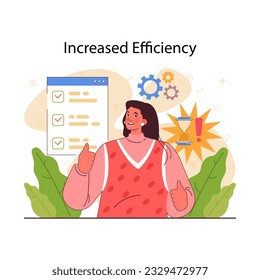 Increased efficiency. Optimization of working time of the character. Increased efficiency of employees' work. Career progress through competent time management. Flat Vector Illustration