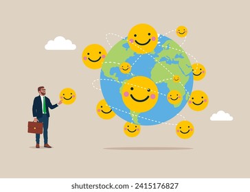 Increased emotional intelligence. Businessman put new funny and positive emoticons on world map across globe. Flat vector illustration