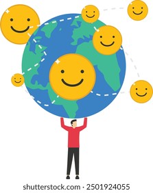 Increased emotional intelligence. Businessman put new funny and positive emoticons on world map across globe. Flat vector illustration

