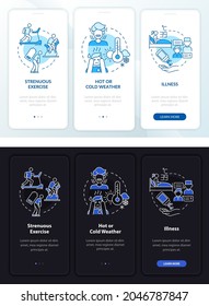 Aumento de la luz de admisión de fluidos, pantalla oscura de la aplicación móvil. Recorrido 3 pasos instrucciones gráficas con conceptos. UI, UX, plantilla de vector GUI con ilustraciones de modo nocturno y día lineales