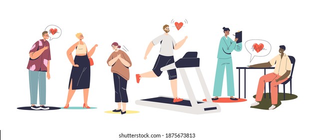 Increased Heart Beating Rate Set With People In Love, Training, Jogging Or Suffering From Heart Pain. Heart Beat And Health Concept. Cartoon Vector Illustration