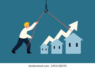 Increased Housing Demand. real estate or property growth concept. Businessmen Use Leverage to Pull Graphs Up. Vector Business Illustration