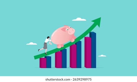 increased investment profits or savings, financial strategies to increase income from mutual funds or stock investments, compound interest graph, business woman push big piggy bank up rising graph