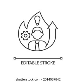 Increased motivation linear icon. Willingness for career raise. Bulb, gear and man. Thin line customizable illustration. Contour symbol. Vector isolated outline drawing. Editable stroke