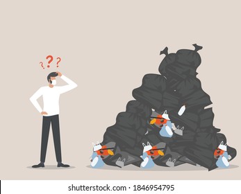 Increased plastic pollution due to COVID-19 pandemic concept, a man confused looking at the pile of plastic waste.