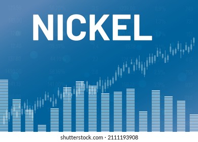 Increased price on Nickel on financial markets. Text Nickel on blue finance background from columns, candlestick, number