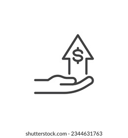 Increased profits line icon. Hand with dollar arrow linear style sign for mobile concept and web design. Profit grows outline vector icon. Symbol, logo illustration. Vector graphics