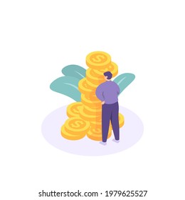 increased revenue, rich, sales revenue, profit. a businessman standing beside a pile of coins. successful businessman. flat style. people vector illustration design