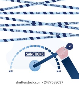 Increased sanctions, concept. Hand pulls big lever on measuring scale. Strengthening restrictions and prohibitions. High levels of ban and sanctions. Trade war, political and economic pressure. vector