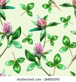 increased seamless pattern with hand-drawn watercolor clover and trefoil