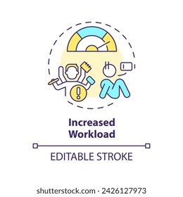Icono de concepto multicolor de mayor carga de trabajo. Alto nivel de estrés debido al trabajo. Multitarea, agotamiento. Ilustración de línea de forma redonda. Idea abstracta. Diseño gráfico. Fácil de usar en material promocional