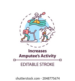 Icono de concepto de actividad de amputado creciente. Ilustración de la idea de la condición de reemplazo de prótesis en línea delgada. Participación en deportes recreativos. Dibujo de color RGB con contorno aislado del vector. Trazo editable