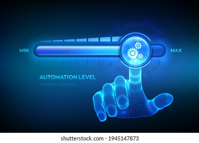 Increasing Automation Level. RPA Robotic Process Automation Innovation Technology Concept. Wireframe Hand Is Pulling Up To The Maximum Position Progress Bar With The Gears Icon. Vector Illustration.