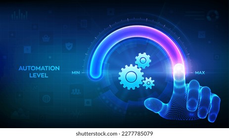 Erhöhung der Automatisierungsebene. RPA Robotic Prozess Automation Innovationstechnologie Konzept. Die Wireframe-Hand zieht mit dem Zahnsymbol bis zum maximalen Laufbalken des Positionskreiskreises. Vektorgrafik.