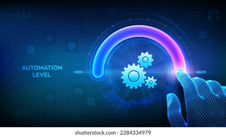 Increasing automation level. RPA Robotic process automation innovation technology concept. Wireframe hand is pulling up to the maximum position circle progress bar with the gears icon. Vector.