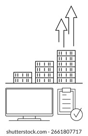 Gráfico de barras creciente con flechas que indican crecimiento, monitor de computadora y Portapapeles con lista de verificación y marca de verificación. Ideal para estrategia de negocio, planificación financiera, análisis de mercado, gestión de proyectos