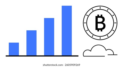 Increasing blue bars on a growth chart alongside a Bitcoin symbol with a cloud at the bottom. Ideal for financial analysis, cryptocurrency trends, investment growth, blockchain technology, economic